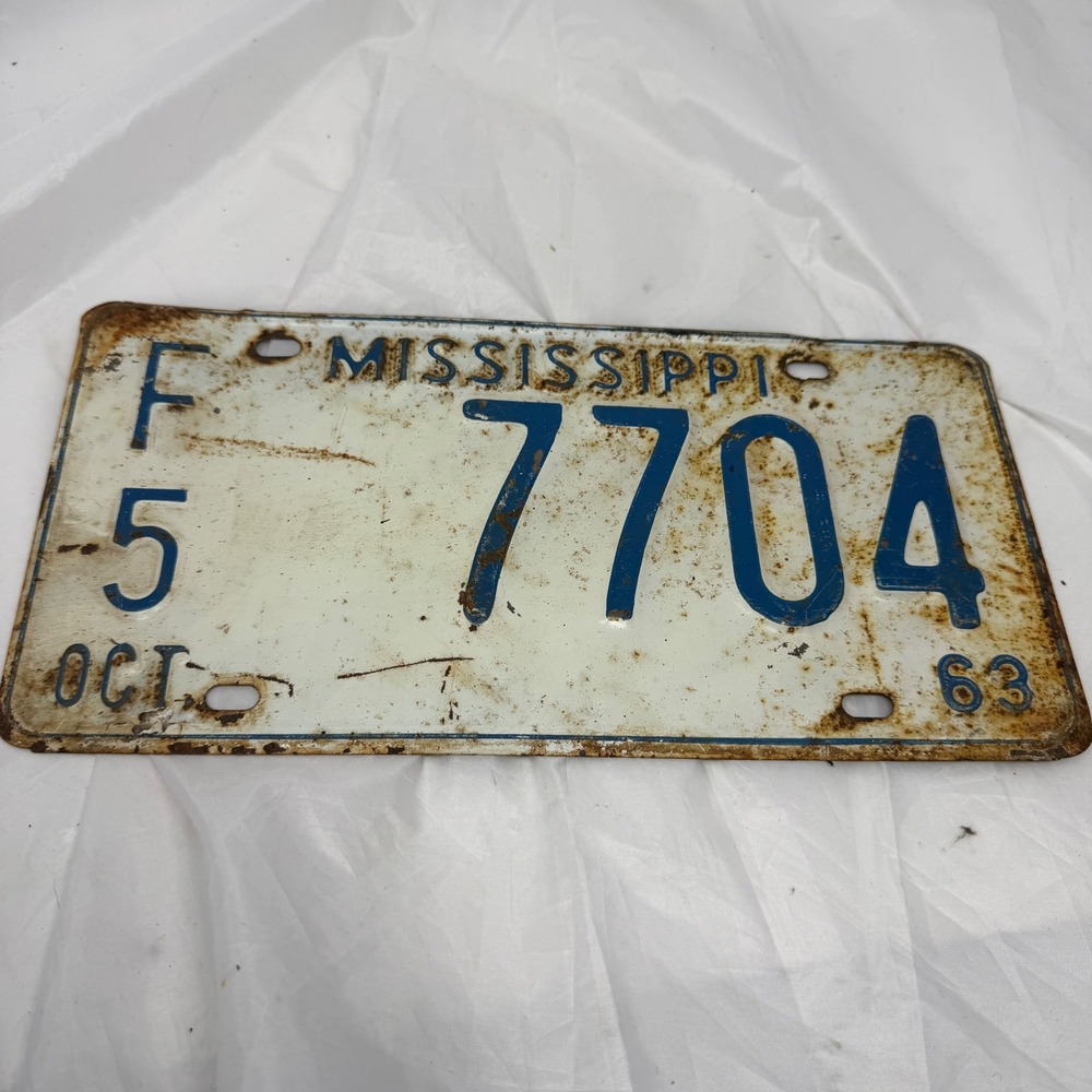 Vintage 1963 Mississippi License Plate Blue White Oct 63 F5 7704 Rustic Decor
